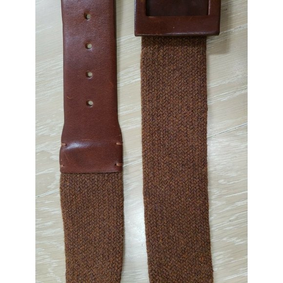 Vintage Rene Lezard Women\'s Cotton Leather Wide Buckle Belt Brown Medium 80 CM
